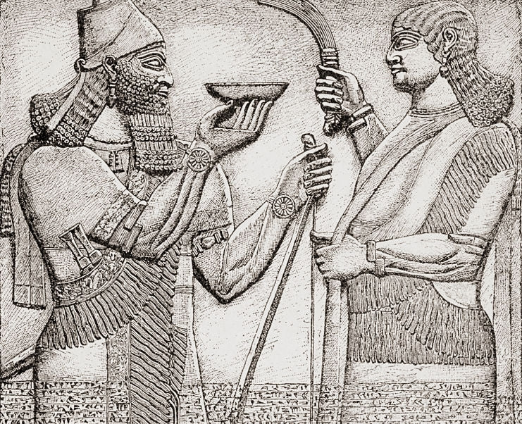 Ancient Mesopotamian relief of two figures in traditional attire, one holding a cup and the other a knife