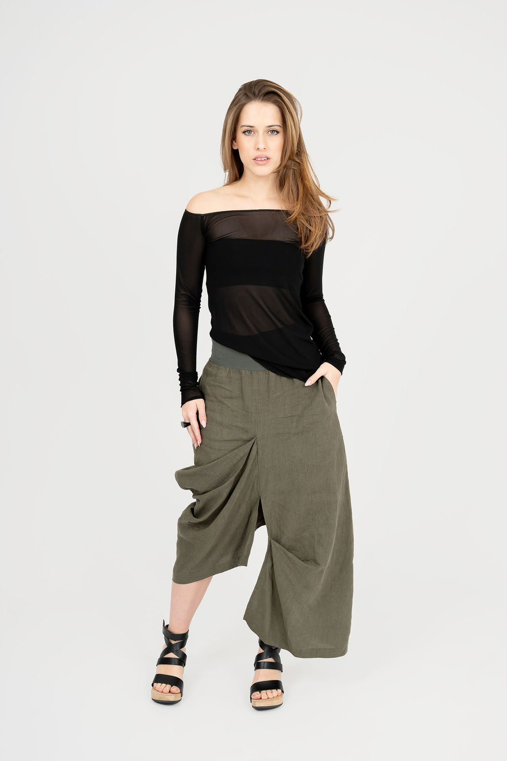 Pleat Linen Asymmetric Maxi Skirt Unisex
