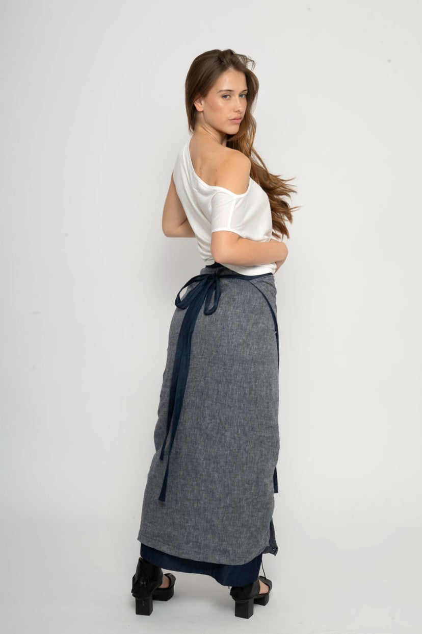 Linen layered wrap skirt