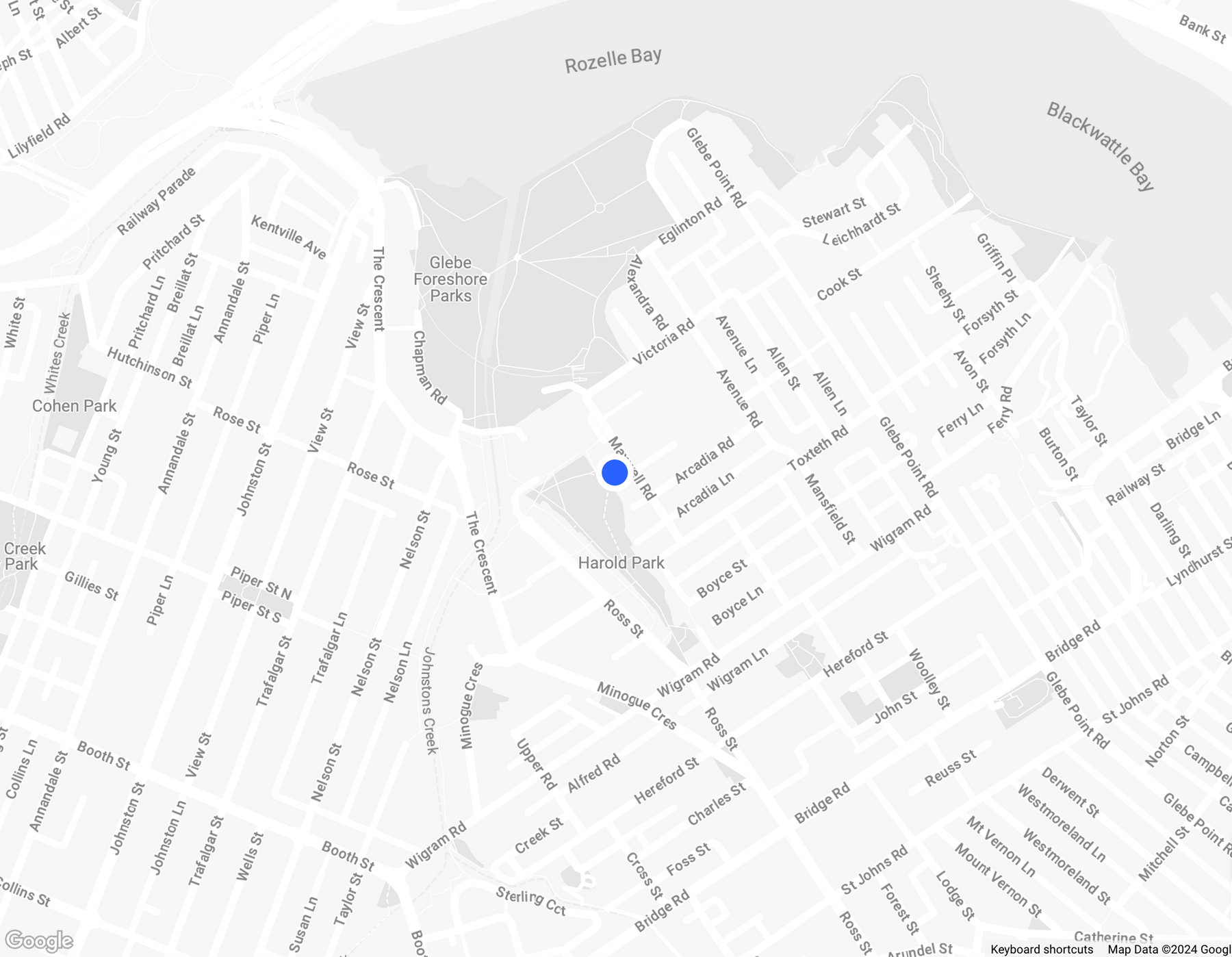 Map view showing the location of Harold Park in the Glebe area near Rozelle Bay, Sydney