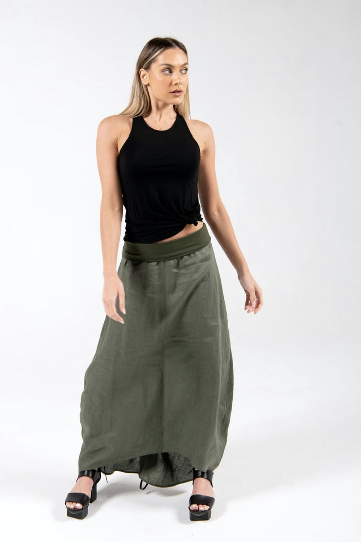 Linen Ruched Skirt With Fold Over Waist - Aroma Houz