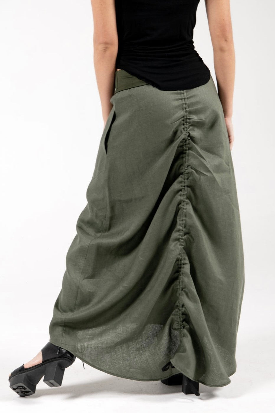 Linen Ruched Skirt With Fold Over Waist - Aroma Houz