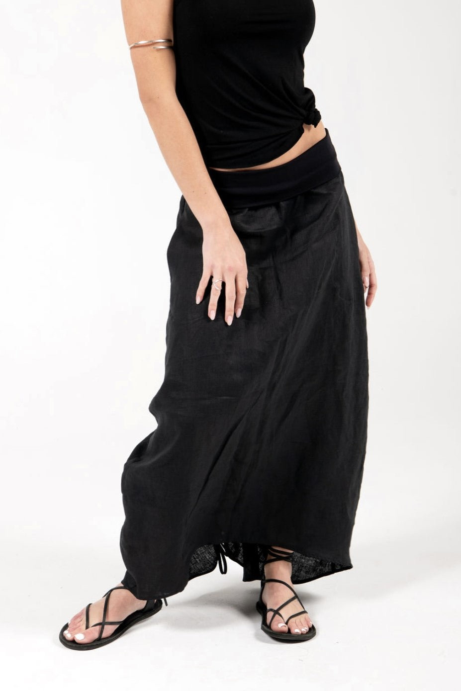 Linen Ruched Skirt With Fold Over Waist - Aroma Houz