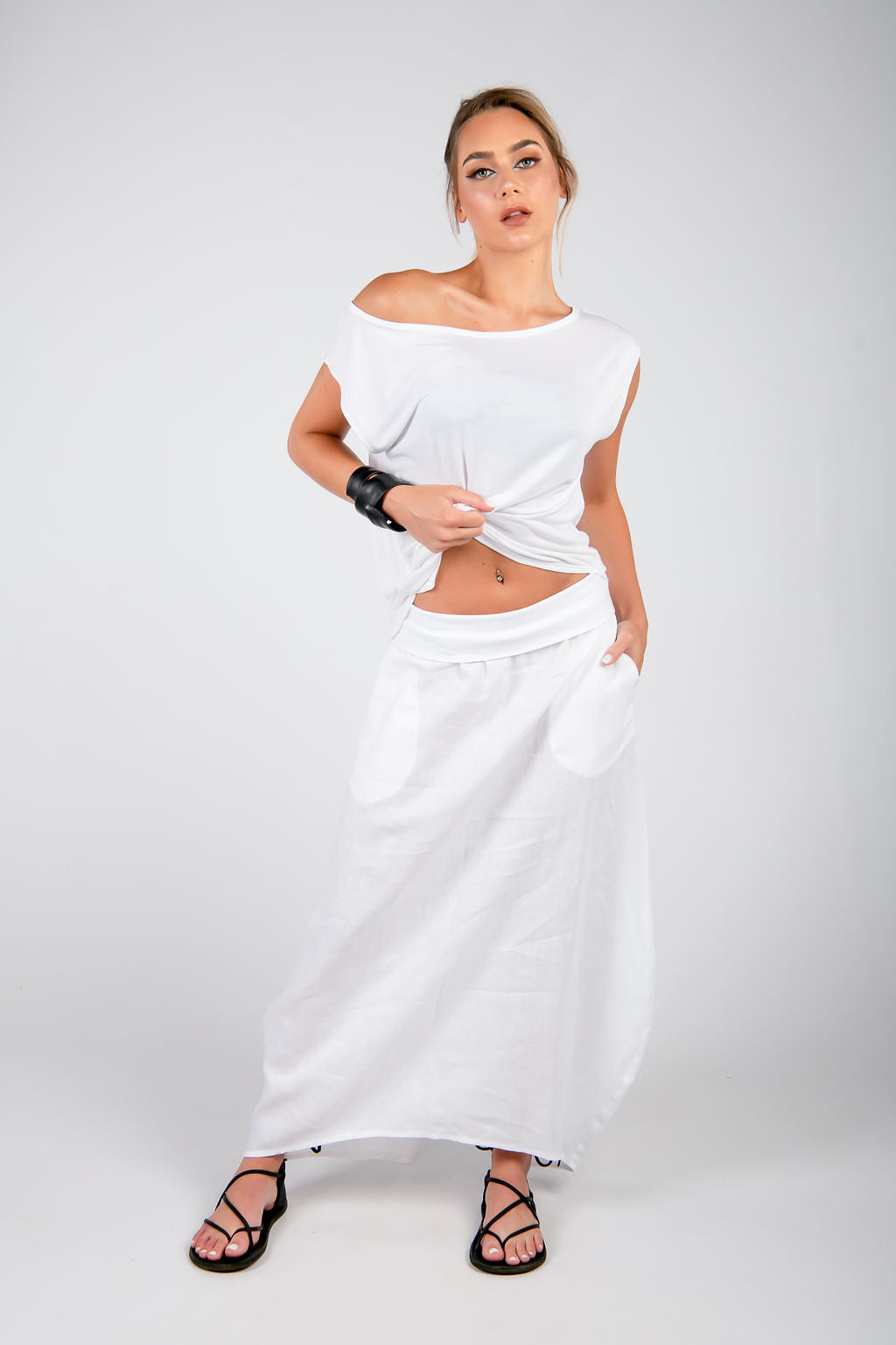 Linen Ruched Skirt With Fold Over Waist - Aroma Houz